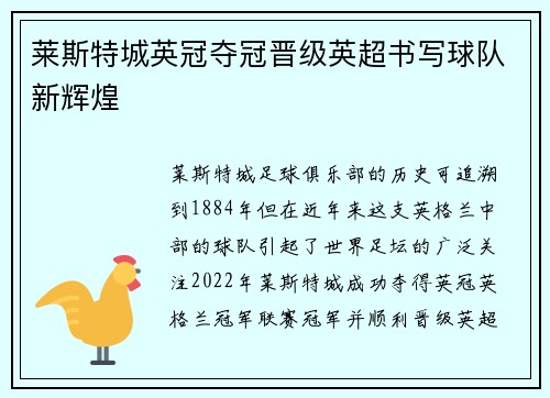 莱斯特城英冠夺冠晋级英超书写球队新辉煌